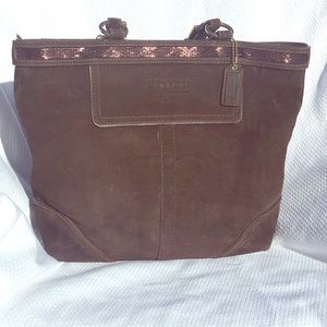 Brown Coach suede tote with beaded accents